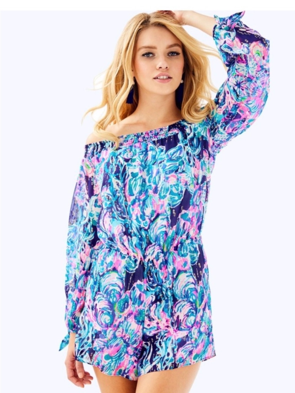 Off-Shoulder Chiffon silk lined foil embellished Romper Sz L